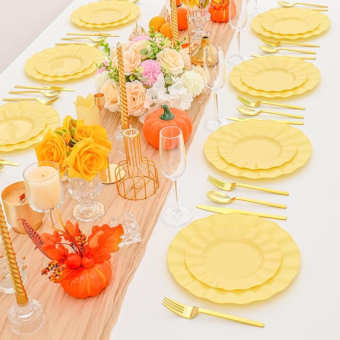 60Pcs Yellow Plates, Heavy Duty Ware Yellow Plastic Plates Disposable, Fancy 30 Dinner & 30 Dessert Plates for Spring Easter Party Wedding(30Guests)