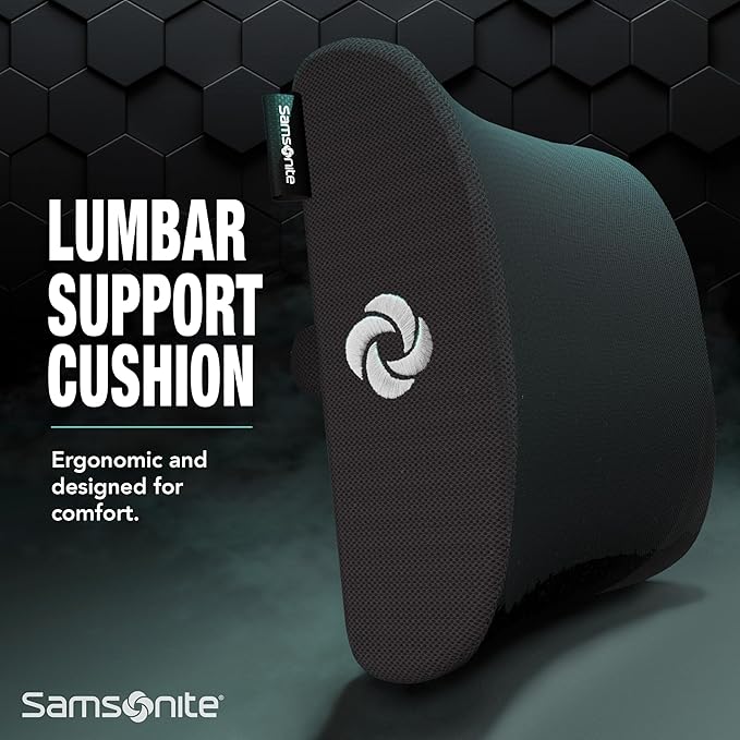 Samsonite Lumbar Support Pillow for Office Chair, Lower Back Support for Car, Back Pillow Desk Chair Cushion with Memory Foam, Improved Posture Backrest