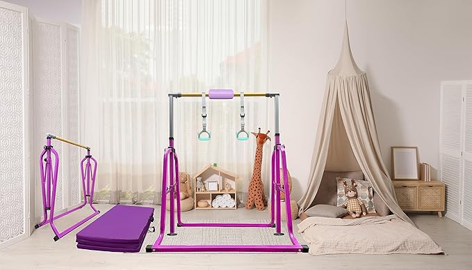 Foldable & Moveable Gymnastics Horizontal Bar with Rings,3’to 5’Adjustable Height Expandable Junior Kip Bar for Home,Indoor Gym Equipment for Kids