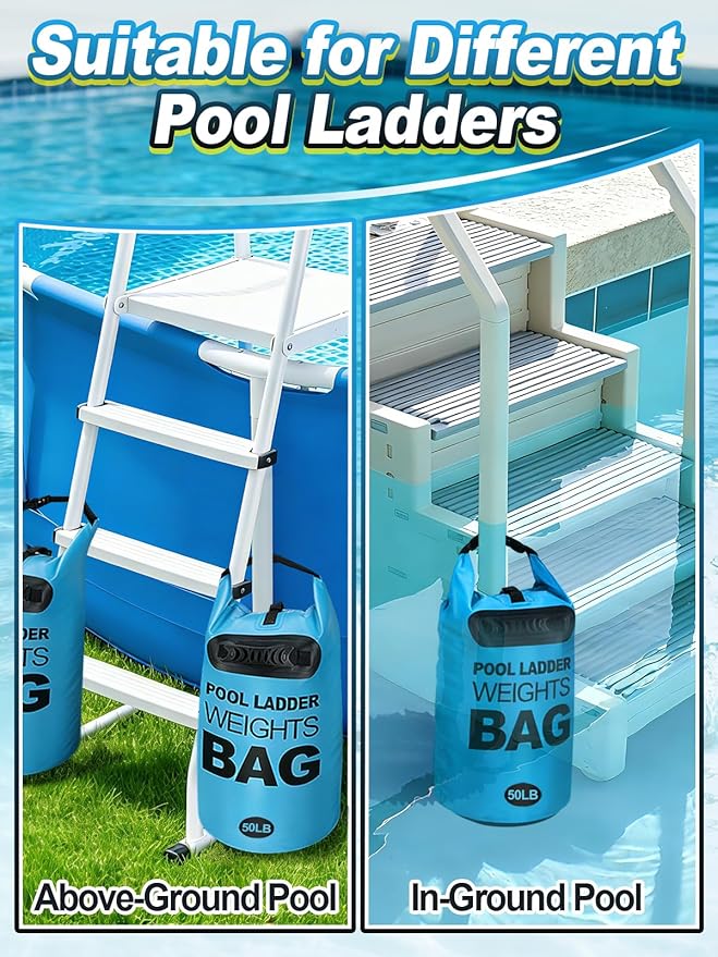 Cosweet 2 Pack Heavy Duty Pool Ladder Weights - 50lb Easy to Fill Anchor Bags, 500D PVC Waterproof Sand Bags with Handles & Secure Buckle Closure to Stabilize Above Ground Swimming Pool Steps