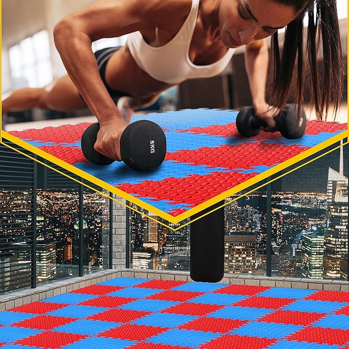 Ecally 100 Pcs 12 x 12 Gym Mat Foam Floor Mats for Home Gym Covers 96 Sq Ft Puzzle Exercise Square Interlocking Carpet Tiles with Border for Workouts Equipment Yoga Pilates (Red,Blue)
