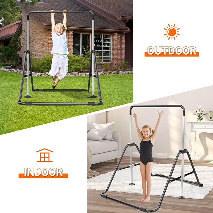 Foldable Gymnastics Bar, 5-Height Adjustable Gymnastic Bars for Kids at Home,Robust & Stable for Indoor/Outdoor Using,Weight Limit 140LBS