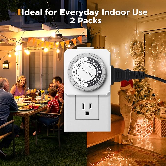 G-Homa Timers for Electrical Outlets,24 Hour Indoor Plug-in Mechanical Timer,30 Minute Intervals, Daily On/Off Cycle,1 Polarized Outlet, for Grow Light,Christmas Lights, Lamps (ETL Listed) 2 Pack