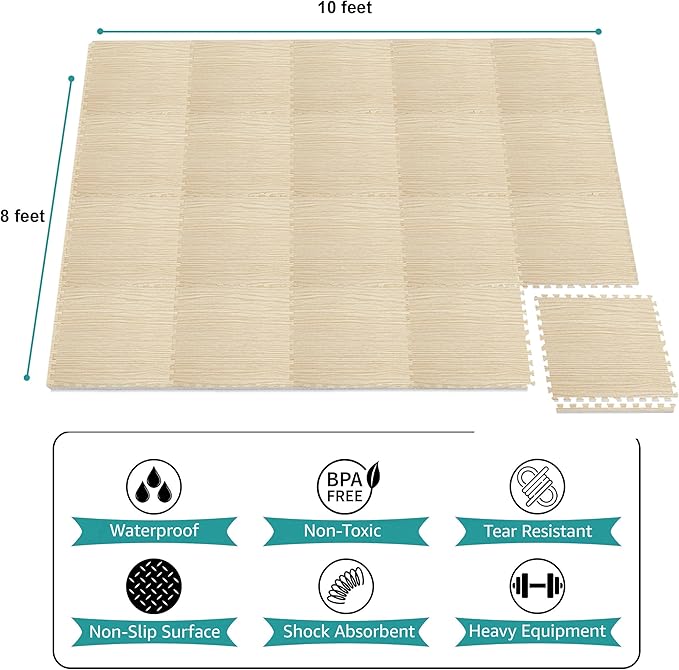 Sorbus 80 Sq. Ft. Wood Grain Floor Tiles Foam Mat EVA Interlocking Mats Tile 3/8-Inch Thick Flooring Wood Puzzle Exercise Mats w/Borders - Home Playroom Basement, Apartment, Trade Show, Baby, Dance