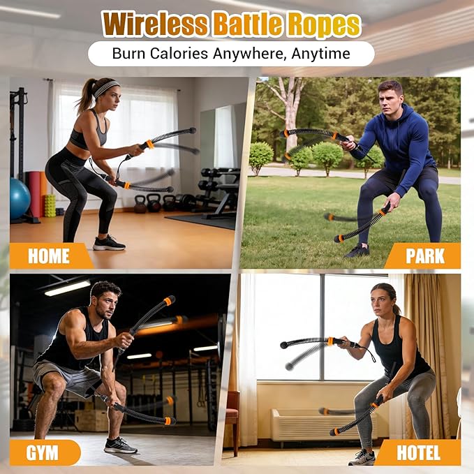 Portable Ropeless Battle Ropes, Adjustable Weights Cordless Battle Ropes for Home Gym with Storage Bag, Weighted Exercise Equipment for Low-Impact Workout, Strength & HIIT, for Men & Women (Black)