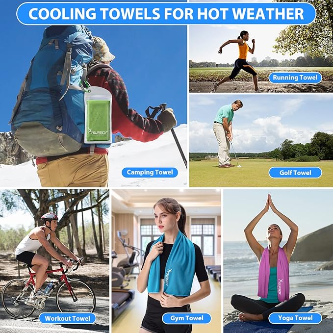 SYOURSELF Cooling Towels for Neck and Face, 4 Pack 40" x 12" Cooling Towel for Hot Weather, Soft Breathable Instant Cool Chilly Pad for Sports Golf Yoga Gym Athletes Camping Ice Towels(Green)