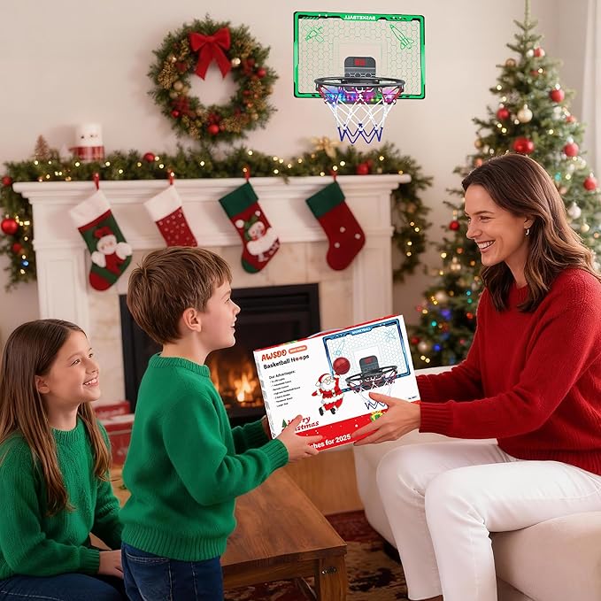 Awsoo Indoor Basketball Hoop for Kids, Mini Basketball Hoop with Electronic Scoreboard & LED, Over The Door Basketball Hoop with 4 Balls, Slam Dunk Basketball Toy for Boys Girls Age 3-12 (Green)