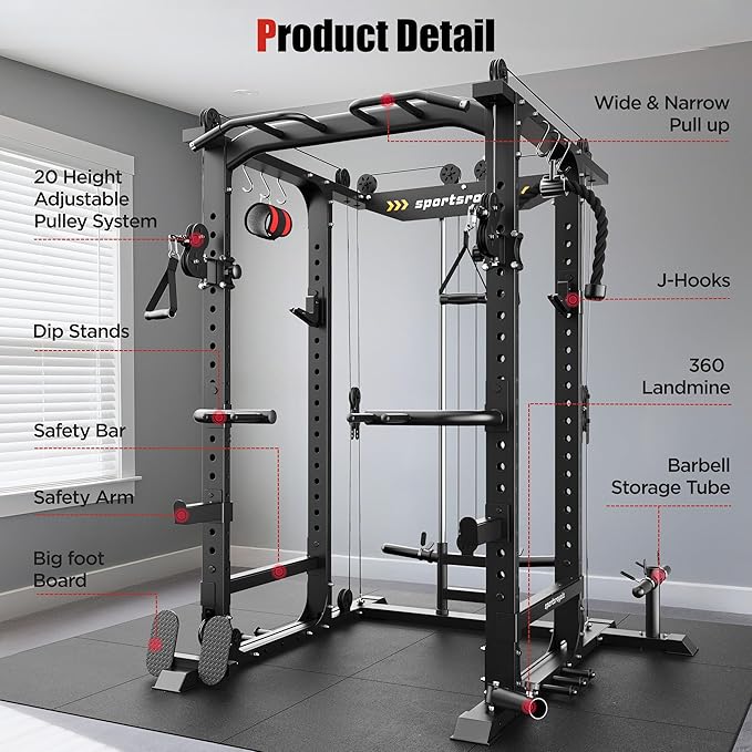 Sportsroyals Squat Rack, LAT Power Cage, Power Rack Multi-Function with Pulley System and Training Attachments for Home Gym