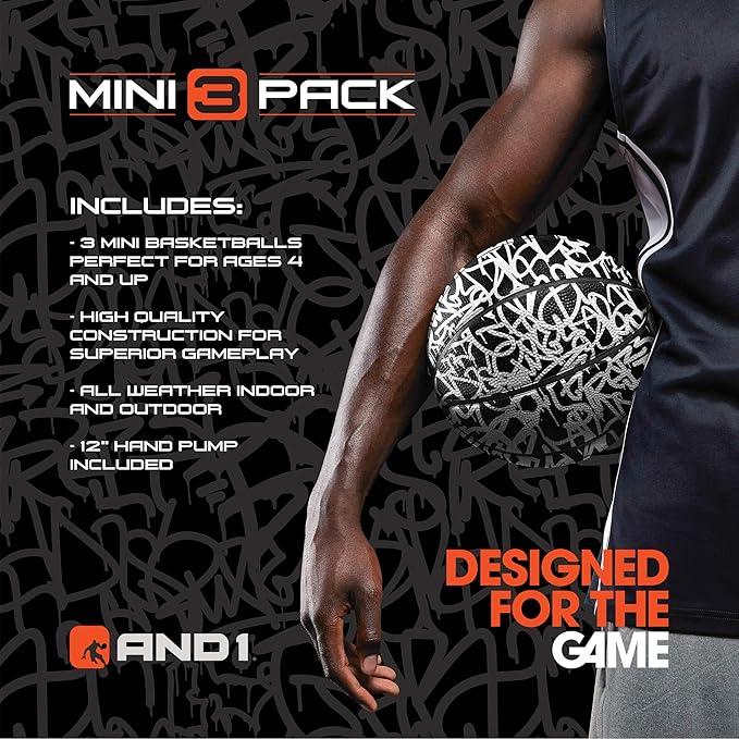 AND1 Mini Basketball 3 Pack Set for Kids (Deflated w/Pump Included): - Size 3 7-Inch Premium Youth Size Basketballs, Easy to Grip