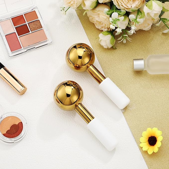 Baderke 2 Pcs Ice Globes for Face Stainless Steel Cooling Globes Unbreakable Cooling Roller Women Ice Balls Cryo Sticks Facials Skin Care for Dark Circles, Puffiness(Gold (White Handle))