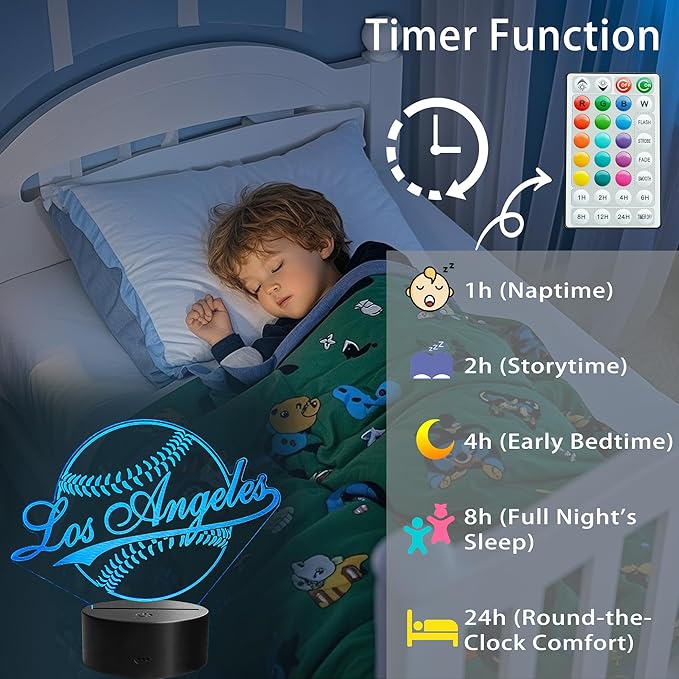 Baseball Los Angeles Night Light, LA Baseball Sport Gifts for Boy, 3D Illusion Lamp with Remote Control, 16 Colors Changing, RGB Flashing Mode and Dimmable, Gifts for Boys Christmas Decor