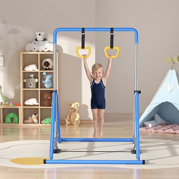 Expandable Kids Gymnastics Kip Bar - Upgraded Dual Base, Folding Adjustable Height 44''-60'', 350LBS Weight Limit, Anti-Slip Suction Feet, Home Training Bar for Kids Ages 3-13 (Blue)