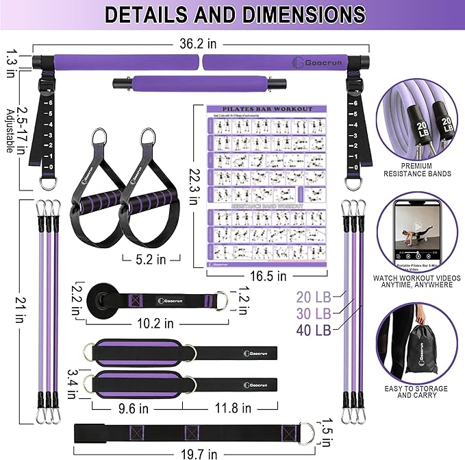 Goocrun Portable Pilates Bar Kit with Resistance Bands for Men and Women - 3 Set Exercise Resistance Bands - Multifunctional Home Gym - Supports Full-Body Workouts β with Fitness Poster and Video