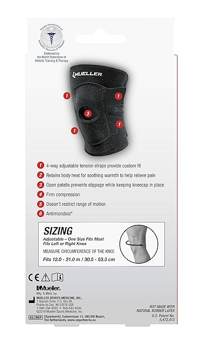 MUELLER Sports Medicine 4-Way Adjustable Knee Brace for Men and Women, Knee Stabilizer for Compression and Pain Relief Support, Ideal for Arthritis, Sprains, Black, One Size