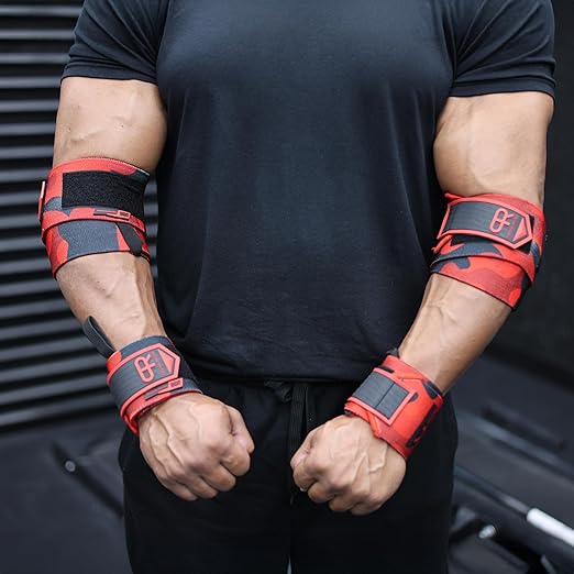 PR Personal Record Elbow Wraps for Weightlifting - Heavy Duty Construction, 25% More Elasticity, Reinforced Stitching, Extra Wide Fastener, Easy to Adjust, (Red Camo)