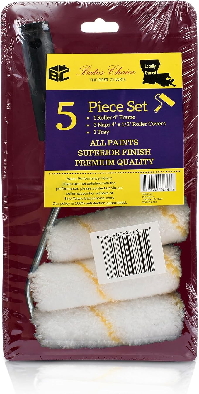 Bates Paint Tray Set - 5pcs, 4-Inch Roller Kit, Small Roller Brush