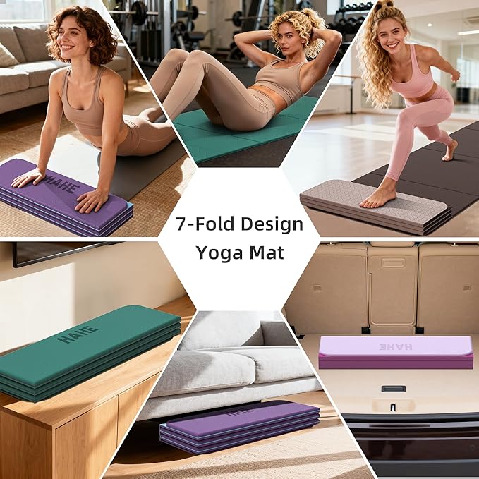 HAHE 7-Fold Design Extra Thick Yoga Mat 72"L x 24"W x 0.47",TPE Fitness Exercise Mats, Non-Slip Foldable Yoga Mat, High Density, Portable for Men & Women, Yoga, Pilates, Home Gym