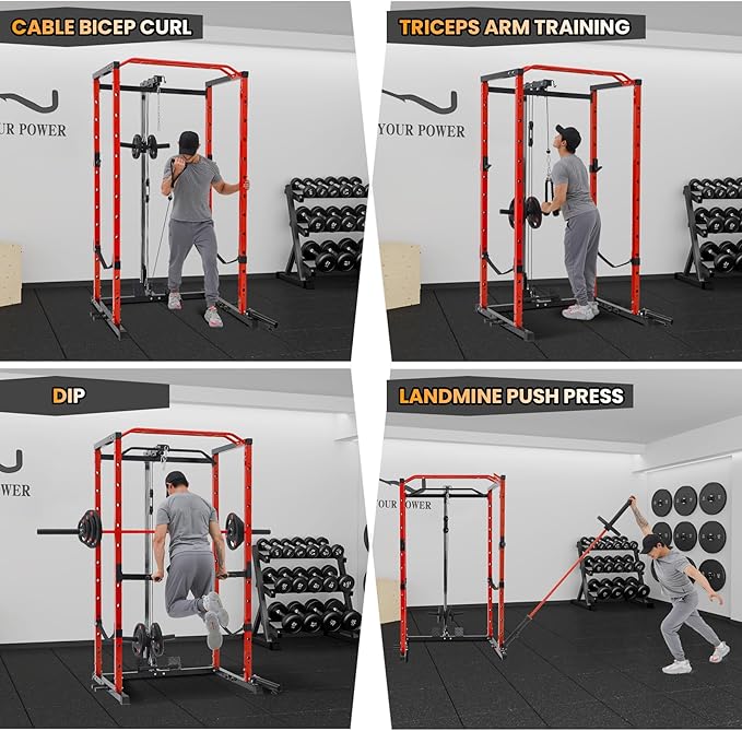 GarveeLife Power Cage, Multi-Function Squat Rack with LAT Pulldown, 1600 LBS Weight Capacity Fitness Power Rack with Cable Pulley System and j-Hooks, Dip Bars and Landmine Attachment for Home Gym