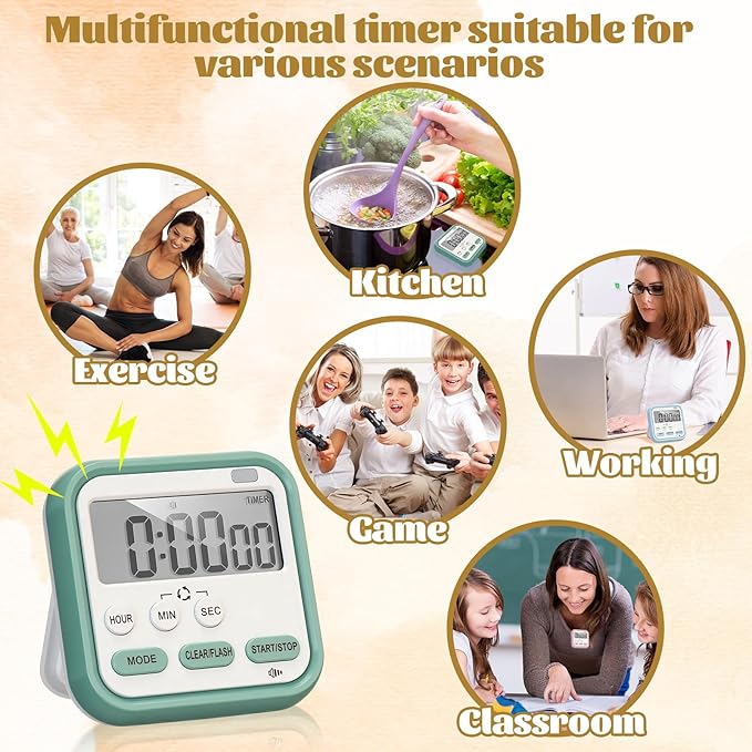 Leumoi 6 Pcs Digital Kitchen Timer 24 Hour Clock and Alarm Function Timer On/Off Switch Minute Second Count up Countdown Loud Alarm for Exercise Cook Baking(Black, Pink, Blue, Green)