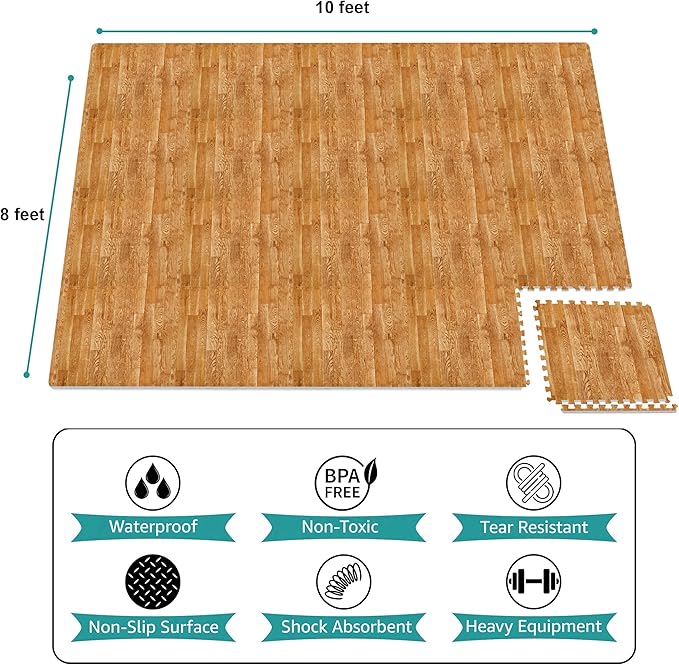 Sorbus 80 Sq. Ft. Wood Grain Floor Tiles Foam Mat EVA Interlocking Mats Tile 3/8-Inch Thick Flooring Wood Puzzle Exercise Mats w/Borders - Home Playroom Basement, Apartment, Trade Show, Baby, Dance