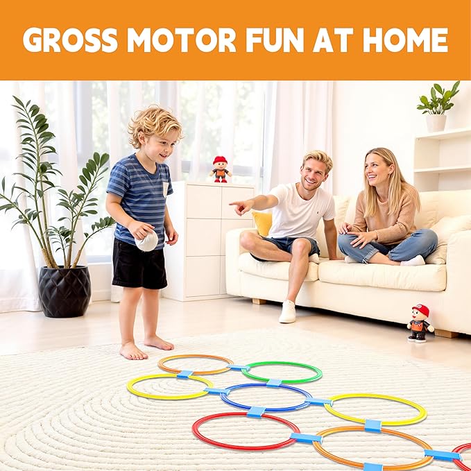 Hopscotch Rings, 1-Set – 10 Round Hoops (11-inch) + 15 Connectors, Agility Rings for Kids, Builds Gross Motor Skills, Preschool & Kindergarten PE, Indoor/Outdoor Playground Obstacle Course