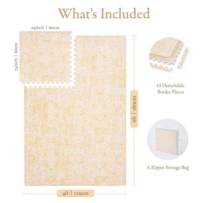 PopsyKosy Premium Baby Floor Play Mat - Extra Thick & Cushioned 1 inch Playroom Foam Mat, Non-Toxic Odorless - 6 Tiles - Spacious 6x4 ft. - Stylish & Large, Waterproof for Kids & Toddlers - Light Apricot