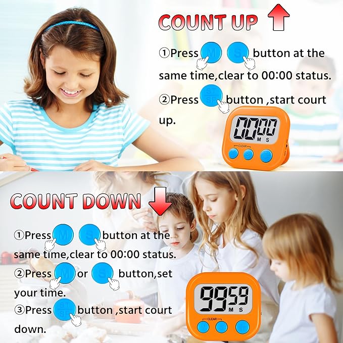 Timer for Kids Teachers Supplies Digital Kitchen Timers for Cooking Large Magnetic Classroom Timer 2Pack-Orange Green