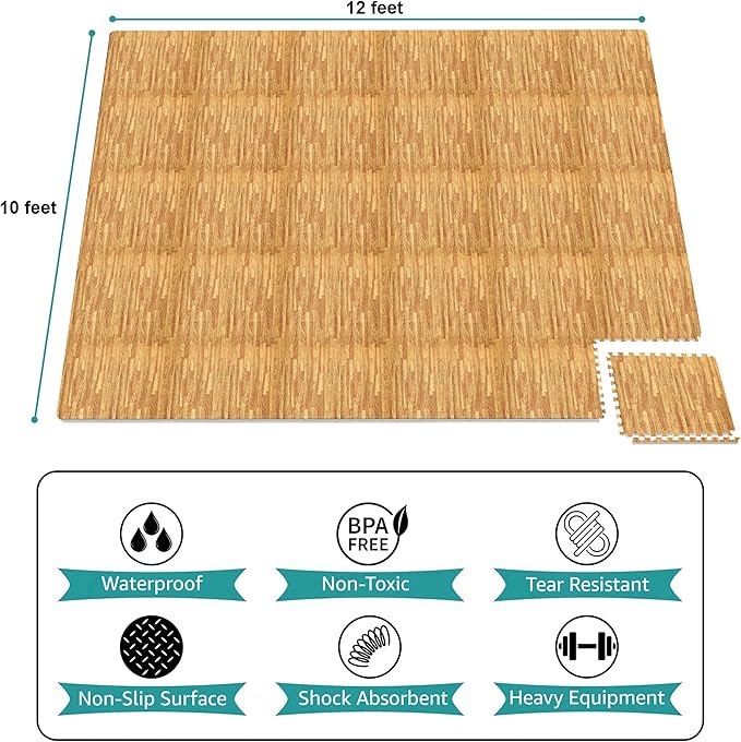Sorbus 120 Sq. Ft. Wood Grain Floor Tiles Foam Mat EVA Interlocking Mats Tile 3/8-Inch Thick Flooring Wood Puzzle Exercise Mats w/Borders - Home Playroom Basement, Apartment, Trade Show, Baby, Dance