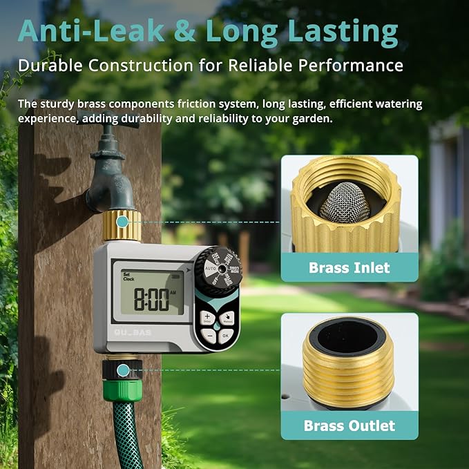 QUOBAS 2 Pack Low Pressure Water Timer, Programmable Sprinkler Timer with Brass Inlet & Outlet for Rain Barrel, Garden Hose, with Ball Valve & Waterproof Screen, Rain Delay/Manual/Auto Modes