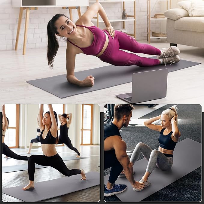 Signature Fitness All Purpose 0.25 Inch Thick High Density No Tear Exercise Yoga Mat with Strap & Lightweight Features for Indoor & Outdoor Use, Gray