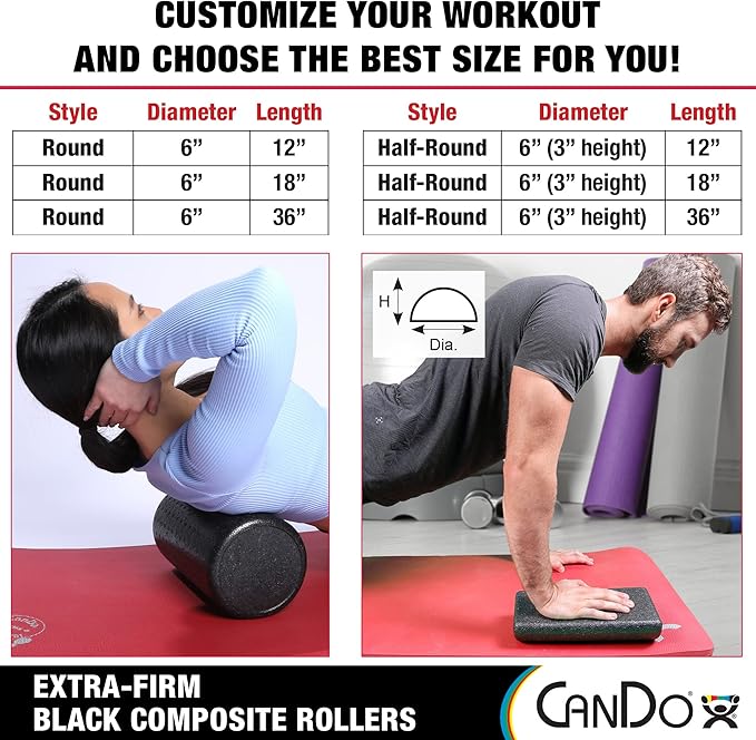 CanDo Black Composite High-Density Foam Rollers for Muscle Restoration Massage Therapy Sport Recovery and Physical Therapy 6" x 12" Round