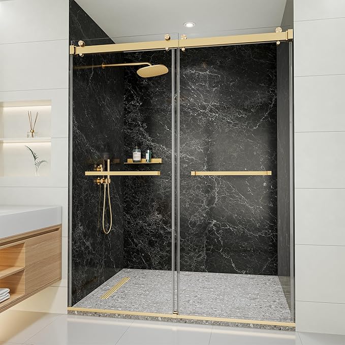 56-60" W x 72" H Frameless Shower Door, Double Sliding Glass Shower Door with 5/16" (8mm) Clear SGCC Tempered, Roller Disc System, 304 Stainless Steel (Brushed Gold, 56-60" W*72" H)