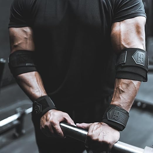 PR Personal Record Elbow Wraps for Weightlifting - Heavy Duty Construction, 25% More Elasticity, Reinforced Stitching, Extra Wide Fastener, Easy to Adjust, All Black