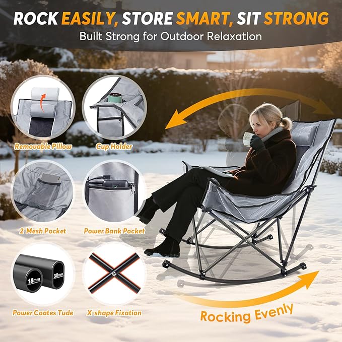 Suteck Heated Rocking Camping Chair - Oversized Heated Camping Chair W/20000mAh Power Bank & Carry Bag, Fully Padded Heated Chairs for Outdoor Sports W/3 Heat Levels for Back & Seat, Lawn Picnic Patio