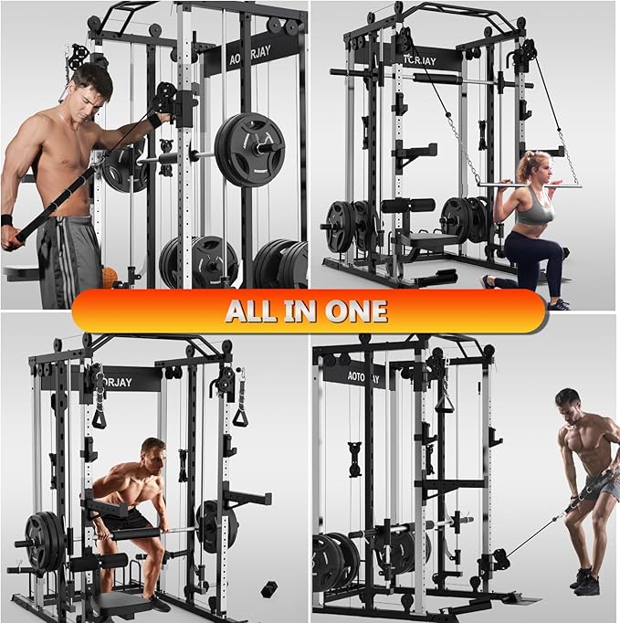 Smith Machine Strength Training Squat Rack with Smith Bar, Power Cage with LAT Pull-Down Systems, Cable Crossover Machine for Home Gym