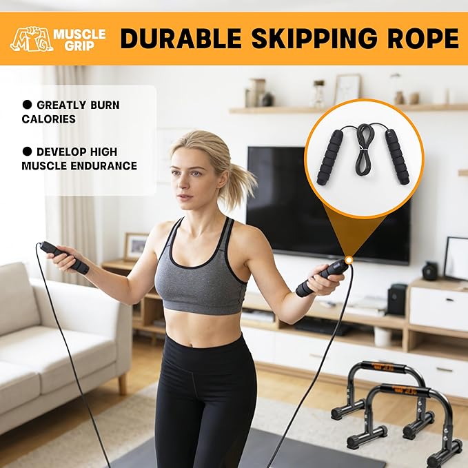 Push Up Bars Parallettes, 10โ Heavy-Duty Steel Dip Bars with Non-Slip Foam Handles, Calisthenics Equipment for Handstands, L-Sit & Dips, Home Gym Workout Set with Jump Rope