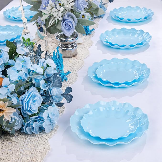 LIYH 24 Pcs Blue Plastic Plates Reusable - Unbreakable Light Blue Easter Scalloped Plates, Dishwasher Safe Camping Plate for Parties, Birthday, Picnics, BPA Free (12Guests)