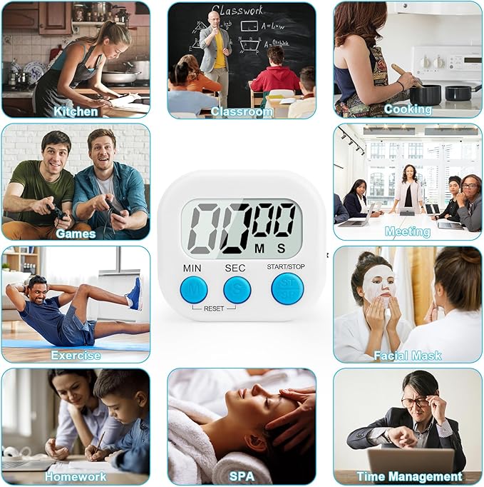 6 Pack Digital Kitchen Timer Multi-Function Magnetic Timers Classroom Timer for Kids Loud Alarm Big LCD Display Electronic Timers for Cooking, Classroom, Exercise, Meeting(Blue, Green, Pink, White)