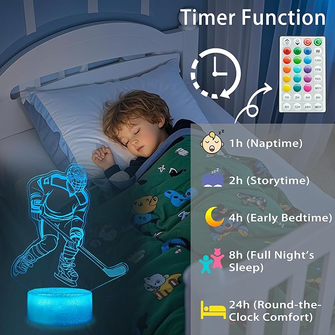 Hockey Night Light, Ice Hockey Gifts, Hockey 3D Lamp with Remote Control, 16 Colors Changing, RGB Flashing Mode, Timer and Dimmable for Birthday Xmas Cool Figurines Gifts for Room Decor Boys Girls