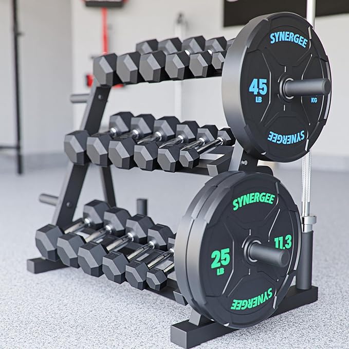 Synergee 3-Tier Dumbbell Storage Rack with 2 Barbell Holders and 4 Weight Plate Pegs, Featuring 2-Tier Dumbbell Storage and 3rd Tier for Kettlebell Storage – Accommodates 1" and 2" Plates – All-in-One