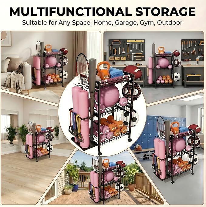 Home Gym Storage Rack 3-Tier Dumbbell Rack with Ball Holder & Side Basket Heavy Duty Vertical Workout Equipment Organizer for Yoga Mats Lockable Wheels