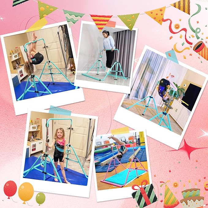 PreGymnastic Folding Gymnastics Bar with Rings, Foldable Kip Bar with Sturdier Base, Training Bar for Kids Ages 3-10, Horizontal Bar, Home Gym Equipment for Boy Girl