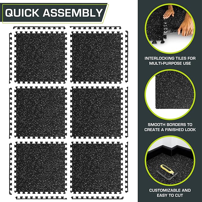 ProsourceFit Rubber Top Exercise Puzzle Mat ¾-inch, EVA Foam, Protective Interlocking Tiles for Home Gym Equipment and Workouts; Grey, 24 SQ FT, 6 Tiles
