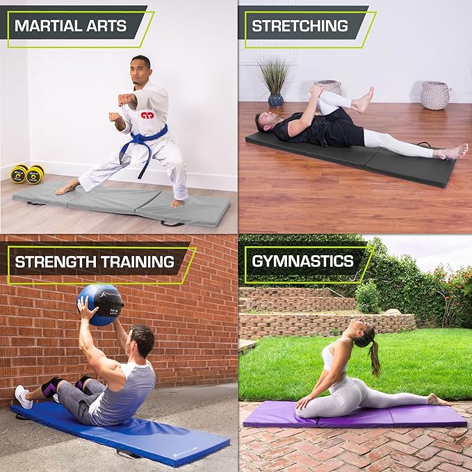 ProSource Tri-Fold Folding Thick Exercise Mat 6’x2’ with Carrying Handles for MMA, Gymnastics, Stretching, Core Workouts