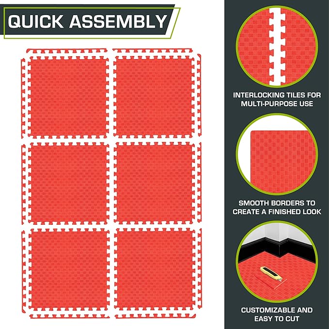 ProsourceFit Exercise Puzzle Mat 1-inch, Checkered EVA Foam Floor Tiles w/Non-Slip Texture, Interlocking Design for Adjustable Gym Surfaces, Shock Absorbing, Red, 24 SQ FT - 6 Tiles