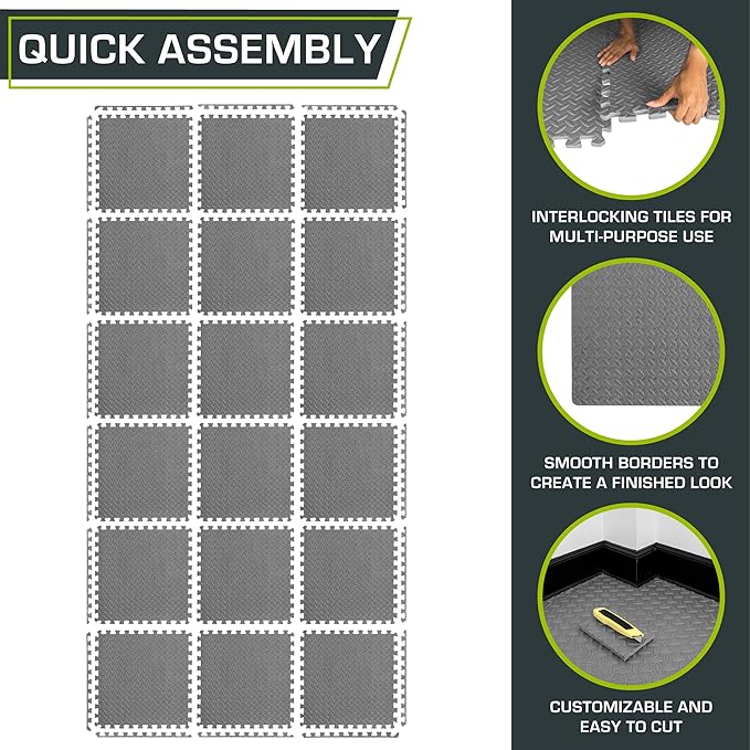 ProsourceFit Exercise Puzzle Mat ½-inch, EVA Interlocking Foam Floor Tiles for Home Gym, Workout Equipment, Kids Play Areas, Grey, 72 SQ FT - 18 Tiles