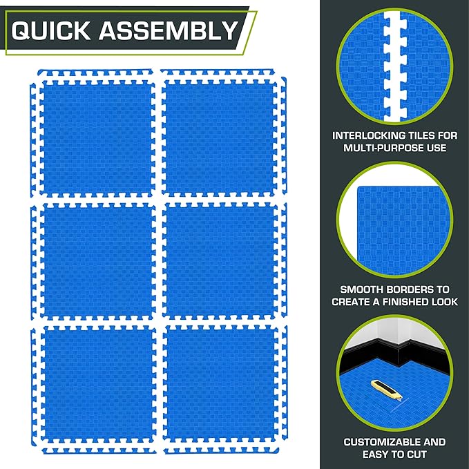 ProsourceFit Exercise Puzzle Mat 1-inch, Checkered EVA Foam Floor Tiles w/Non-Slip Texture, Interlocking Design for Adjustable Gym Surfaces, Shock Absorbing, Blue, 24 SQ FT - 6 Tiles
