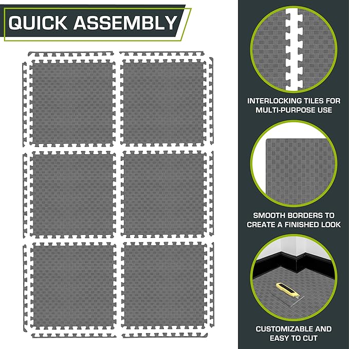 ProsourceFit Exercise Puzzle Mat ½-inch, Checkered EVA Foam Floor Tiles w/Non-Slip Texture, Interlocking Design for Adjustable Gym Surfaces, Shock Absorbing, Grey, 24 Sq Ft - 6 Tiles