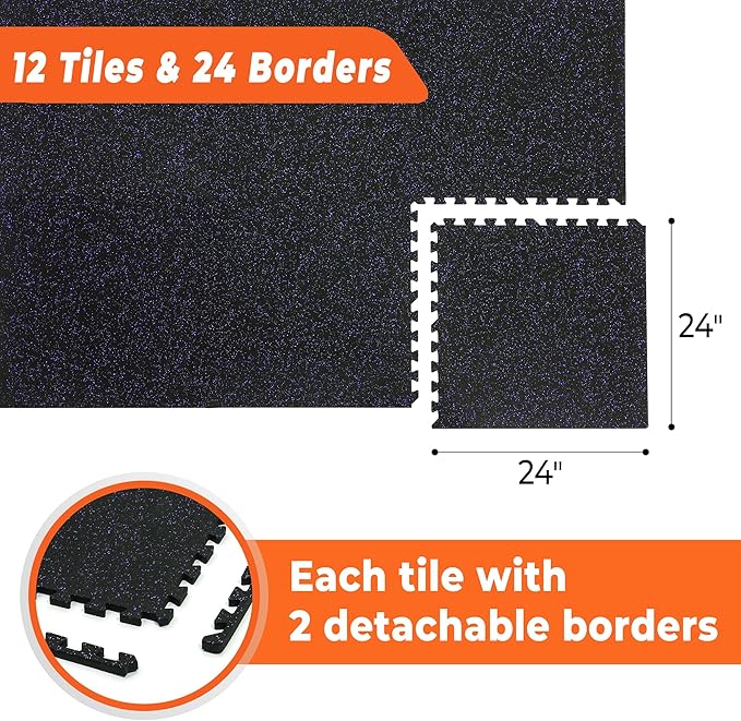 SUPERJARE 0.4'' Thick 12 Pcs 48 Sq Ft Rubber Top Exercise Equipment Mats, High Density EVA Foam Mats with Rubber Top, Interlocking Gym Flooring for Home Gym, Protective Workout Mat, Black/Purple