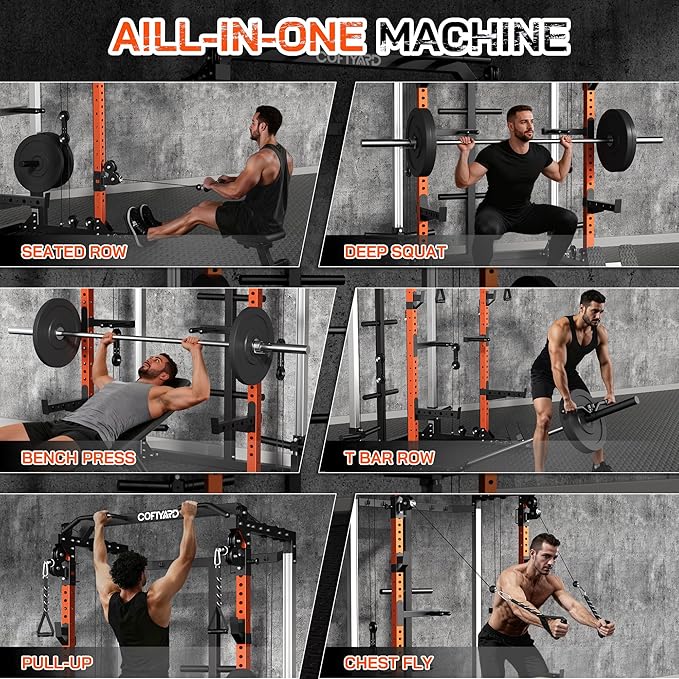 Cofiyard Power Cage, Power Rack with Dual Pulley System, Multi-Function Squat Rack with Cable Crossover, Home Gym Workout Machine